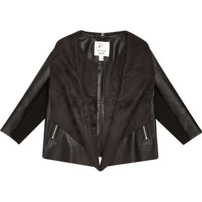Mini girls black draped leather-look jacket